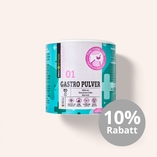 Behälter mit GASTRO Pulver - Sonderangebot von FAVLY Petfood für Haustiere, gekennzeichnet mit einem 10 % Rabatt-Etikett auf hellem Hintergrund.