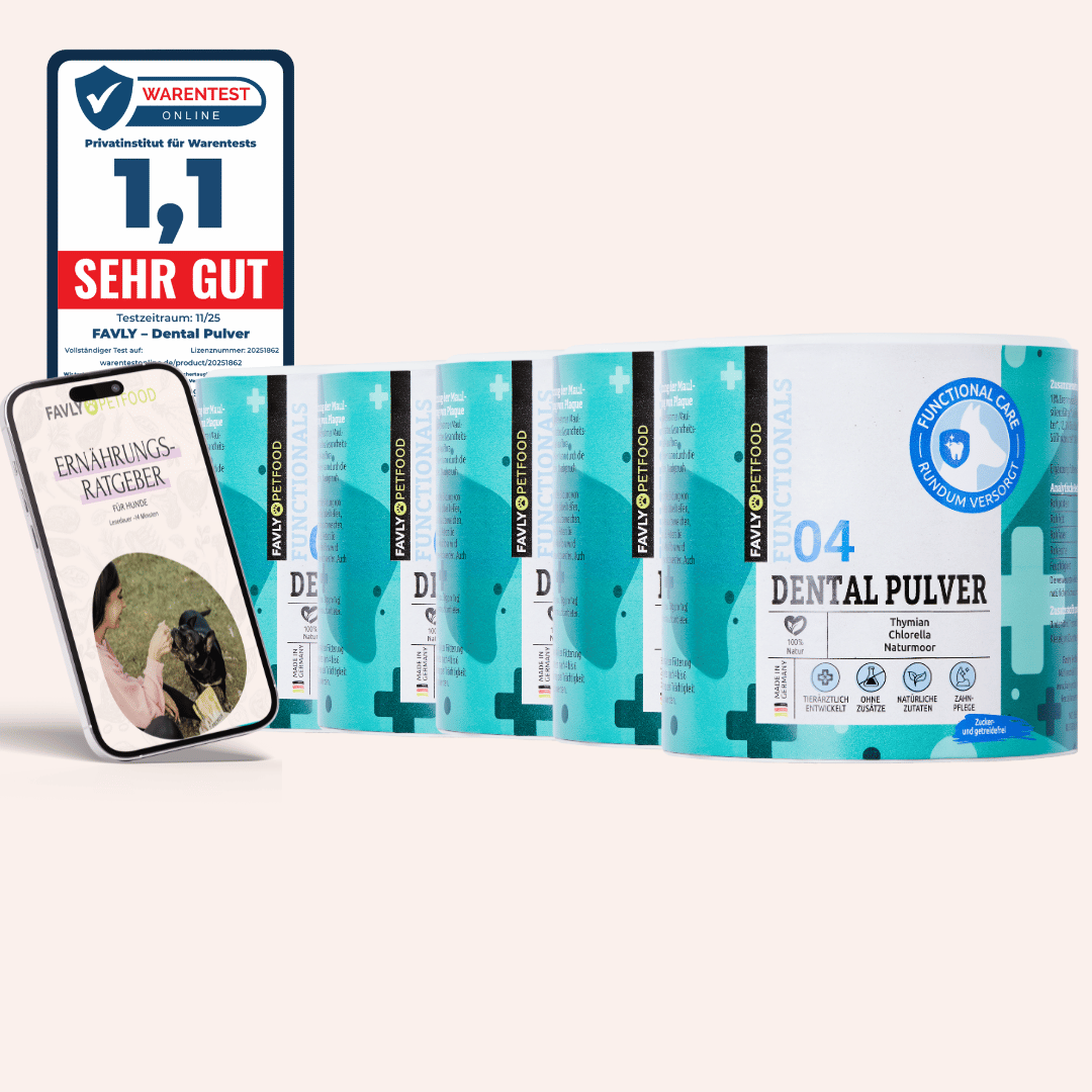 Abgebildet sind fünf Eimer FAVLY Petfood DENTAL Pulver - Neukundenangebot, eine Bewertungsplakette und ein Telefon mit Anleitung.