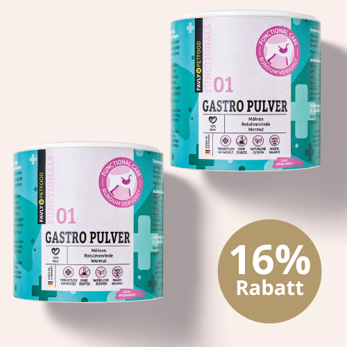 Zwei Behälter GASTRO Pulver - Sonderangebot von FAVLY Petfood mit 16% Rabatt-Etikett.