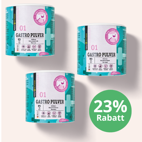 Drei Dosen GASTRO Pulver - Sonderangebot von FAVLY Petfood, wichtig für die Verdauung und Magen-Darm-Balance, mit 23 % Rabatt auf hellem Hintergrund.