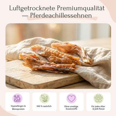 FAVLY Petfood Pferdeachillessehnen 750 g – hypoallergenes, natürliches Hundekauartikel auf beigem Stoff.