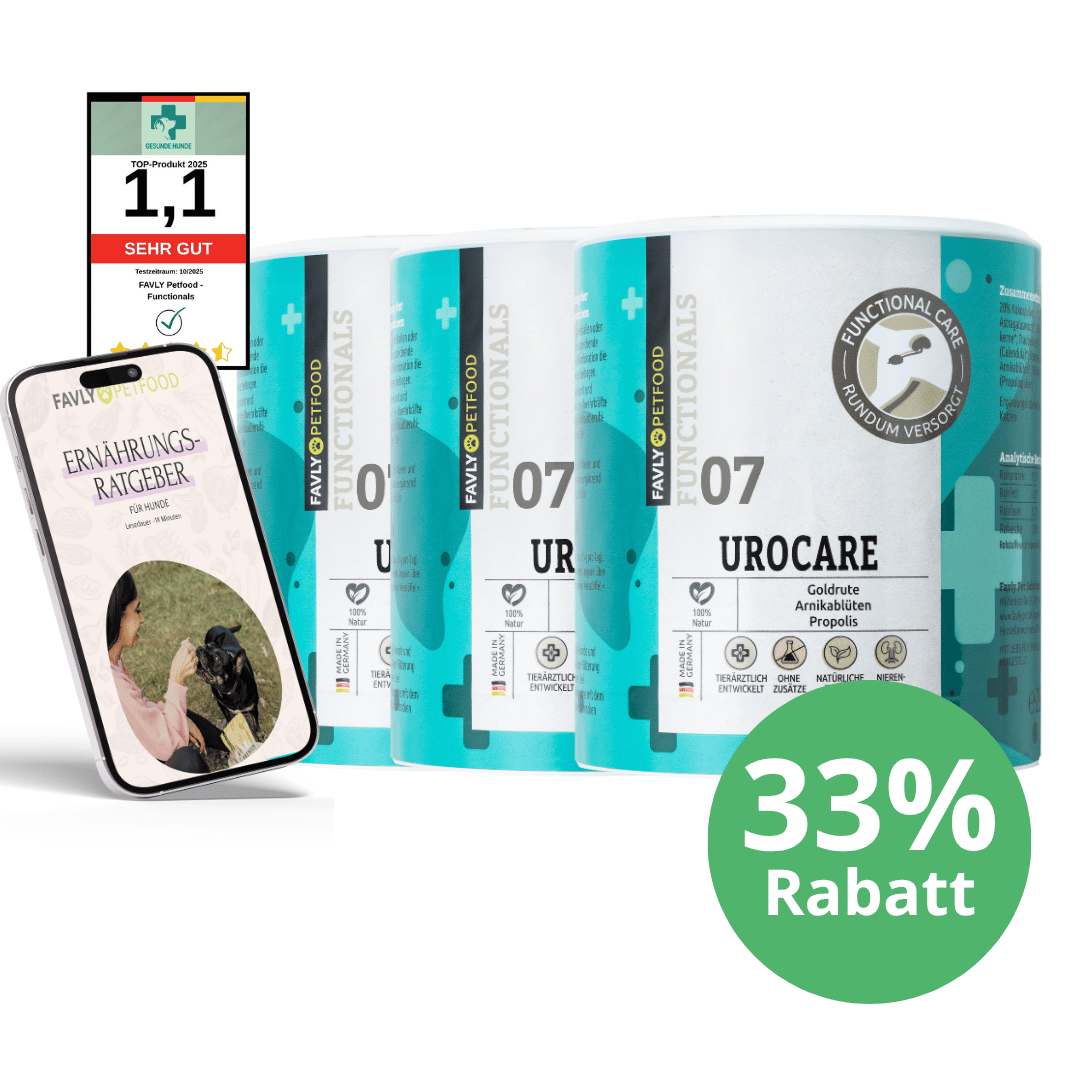Drei Dosen FAVLY Petfood UROCARE Pulver - Sonderangebot, ein ebook und eine grüne "33% Rabatt"-Plakette.