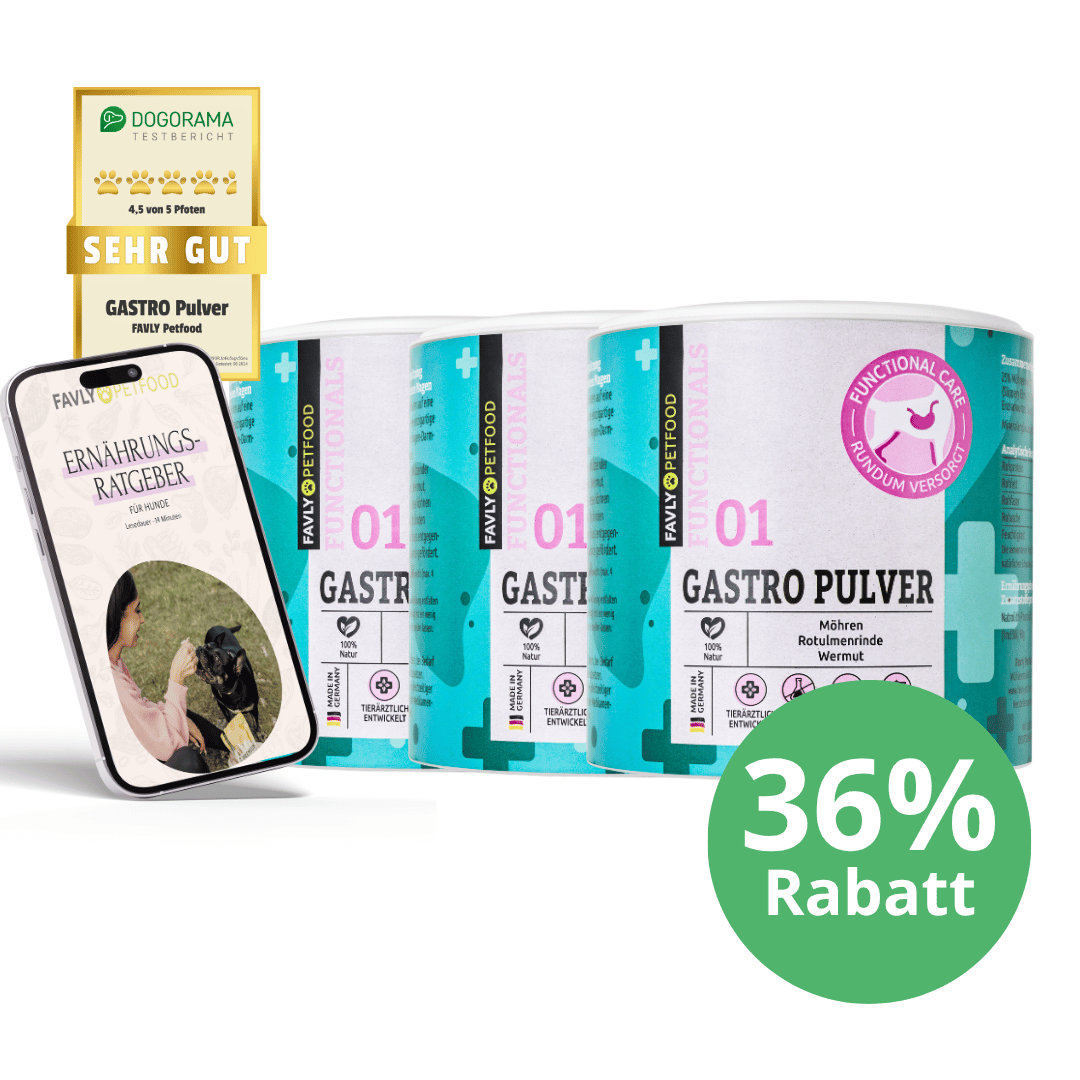 Drei GASTRO Pulver - Sonderangebot von FAVLY Petfood plus Booklet und 36% Rabatt-Gutschein für Verdauung.