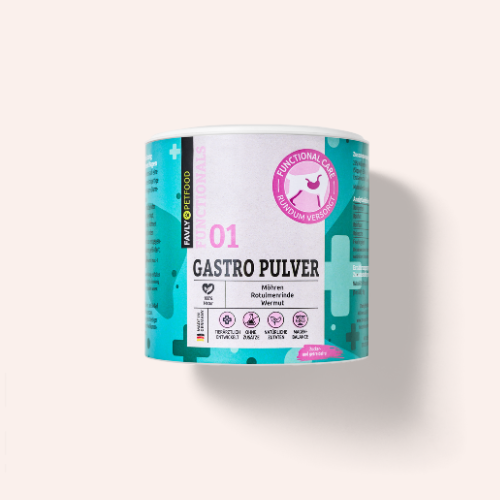 Eine Dose FAVLY Petfood GASTRO Pulver - Sonderangebot, blau-weiß-rosa Design, auf hellem Hintergrund.