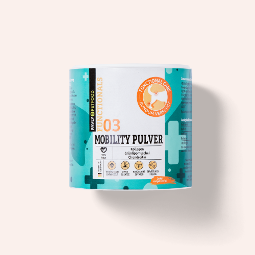 Eine blau-weiße FAVLY Petfood MOBILITY Pulver - Sonderangebot Dose zur Gelenkunterstützung, auf hellem Hintergrund.