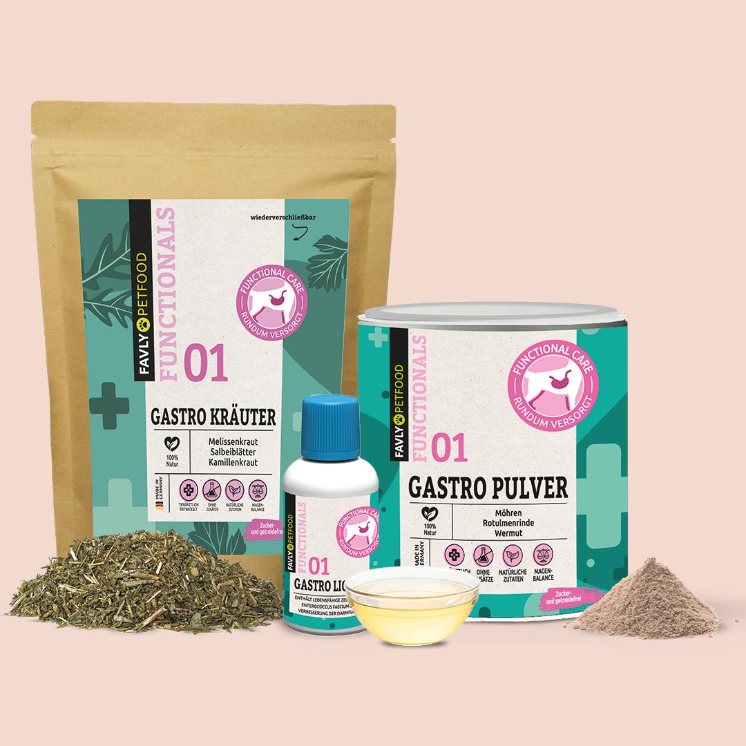 Eine Gastro-Pulver-, Flüssigkeits- und Kräuterpackung mit Blättern und Pulver auf beigem Hintergrund.