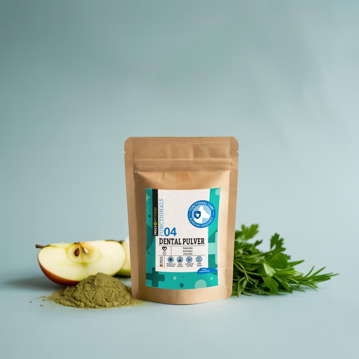 FAVLY Petfood Futtertopping Probe – DENTAL, GASTRO & RELAX, mit Apfelscheibe und Petersilie auf blauem Hintergrund.
