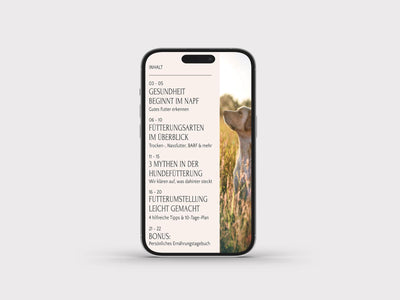 Smartphone mit einem Hund und deutschem Text zur Tiergesundheit sowie Tipps vom FAVLY Petfood Ernährungsratgeber - E-Book auf dem Bildschirm.