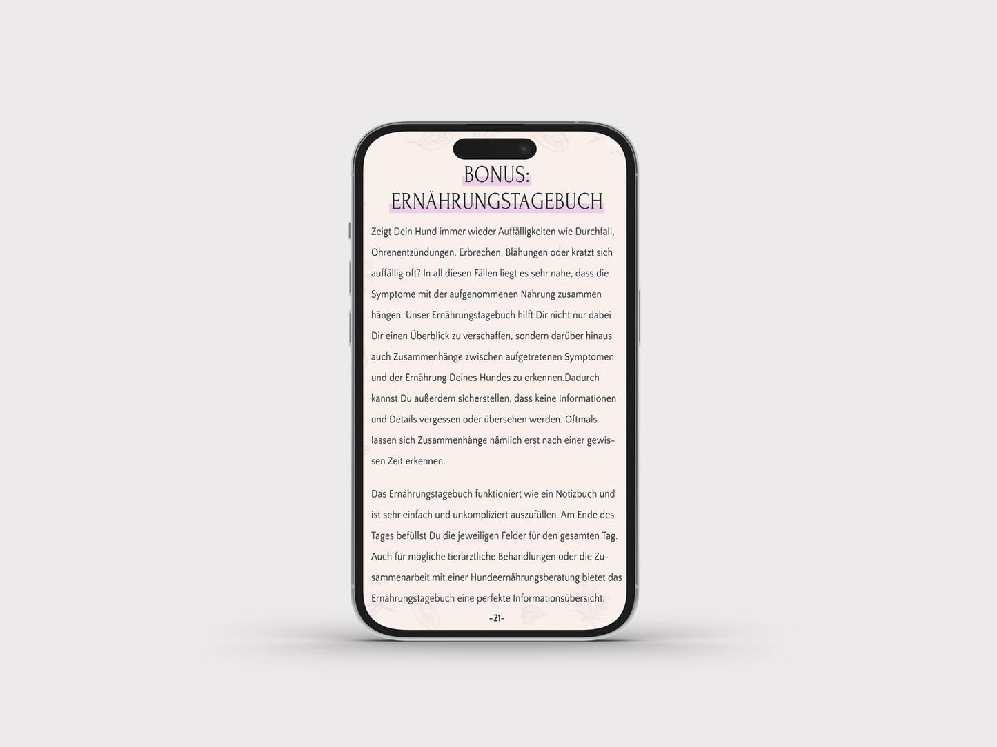 Ein Smartphone, auf dessen Bildschirm ein deutscher Text zu einem Bonus-Ernährungstagebuch angezeigt wird, in dem die besten Vorgehensweisen zur Hundefütterung mit dem FAVLY Petfood Ernährungsratgeber – E-Book von FAVLY Petfood hervorgehoben werden.