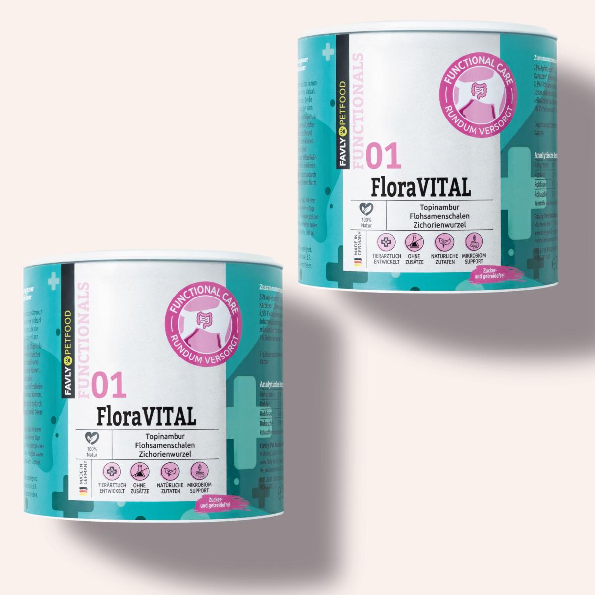 Zwei Dosen FAVLY Petfood FloraVITAL Pulver unterstützen die Verdauung und Darmgesundheit mit Präbiotika.