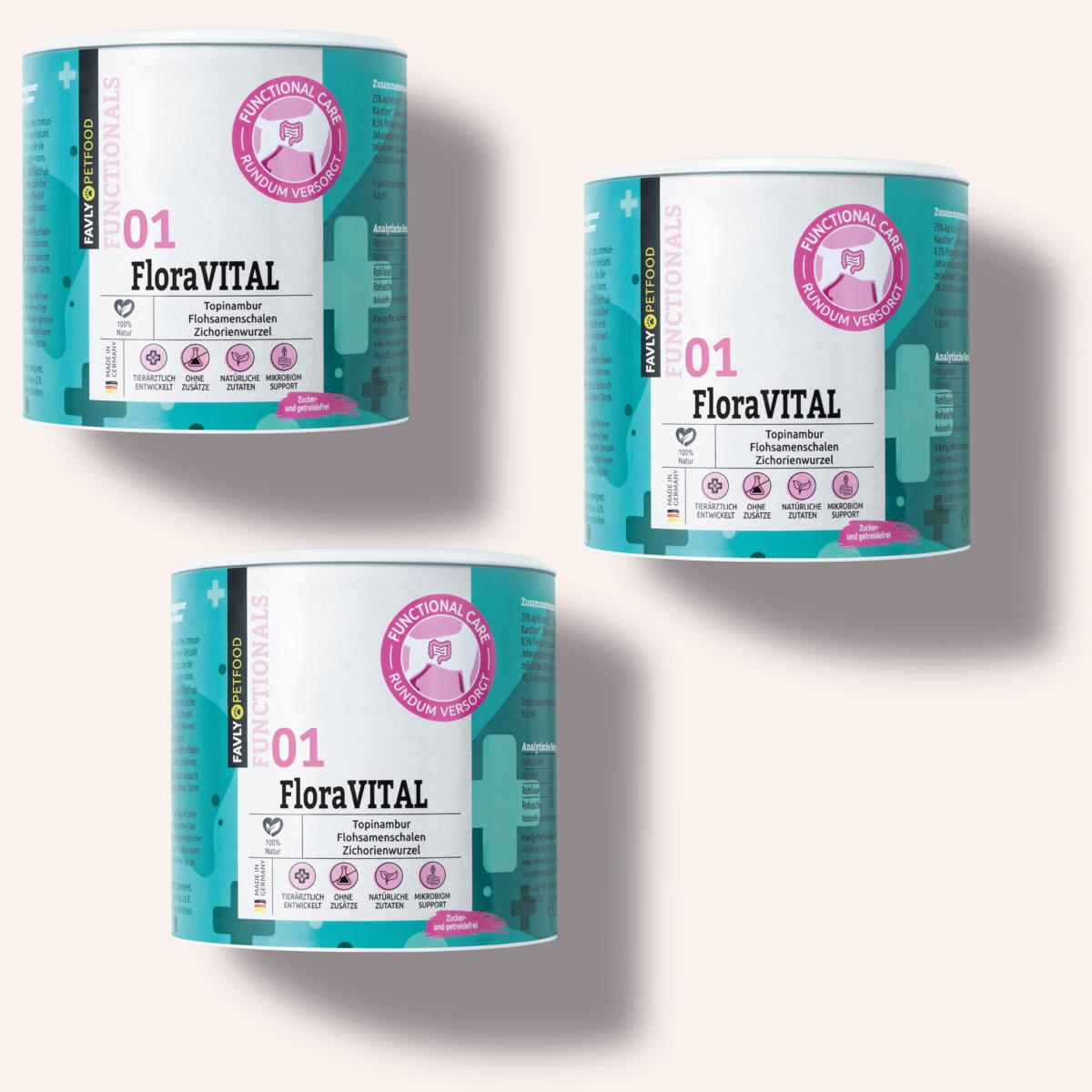 Drei Dosen FAVLY Petfood FloraVITAL Pulver - Verdauung & Darmflora mit blauen, weißen und rosa Etiketten.