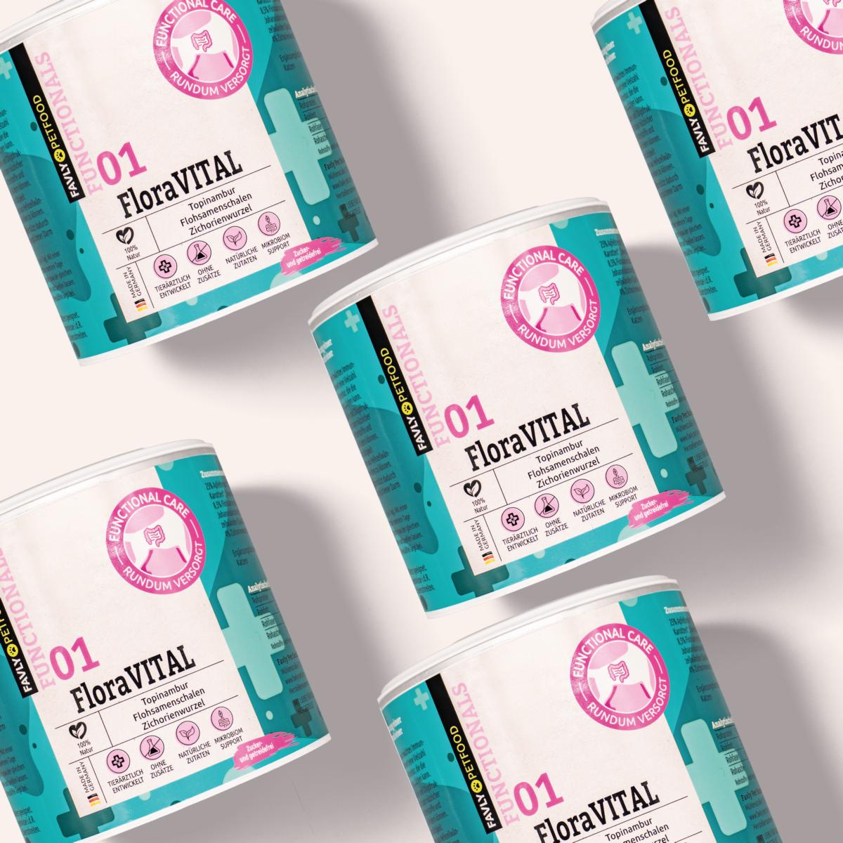 Fünf Dosen FAVLY Petfood FloraVITAL Pulver - Verdauung & Darmflora sind diagonal angeordnet, Etiketten sichtbar.