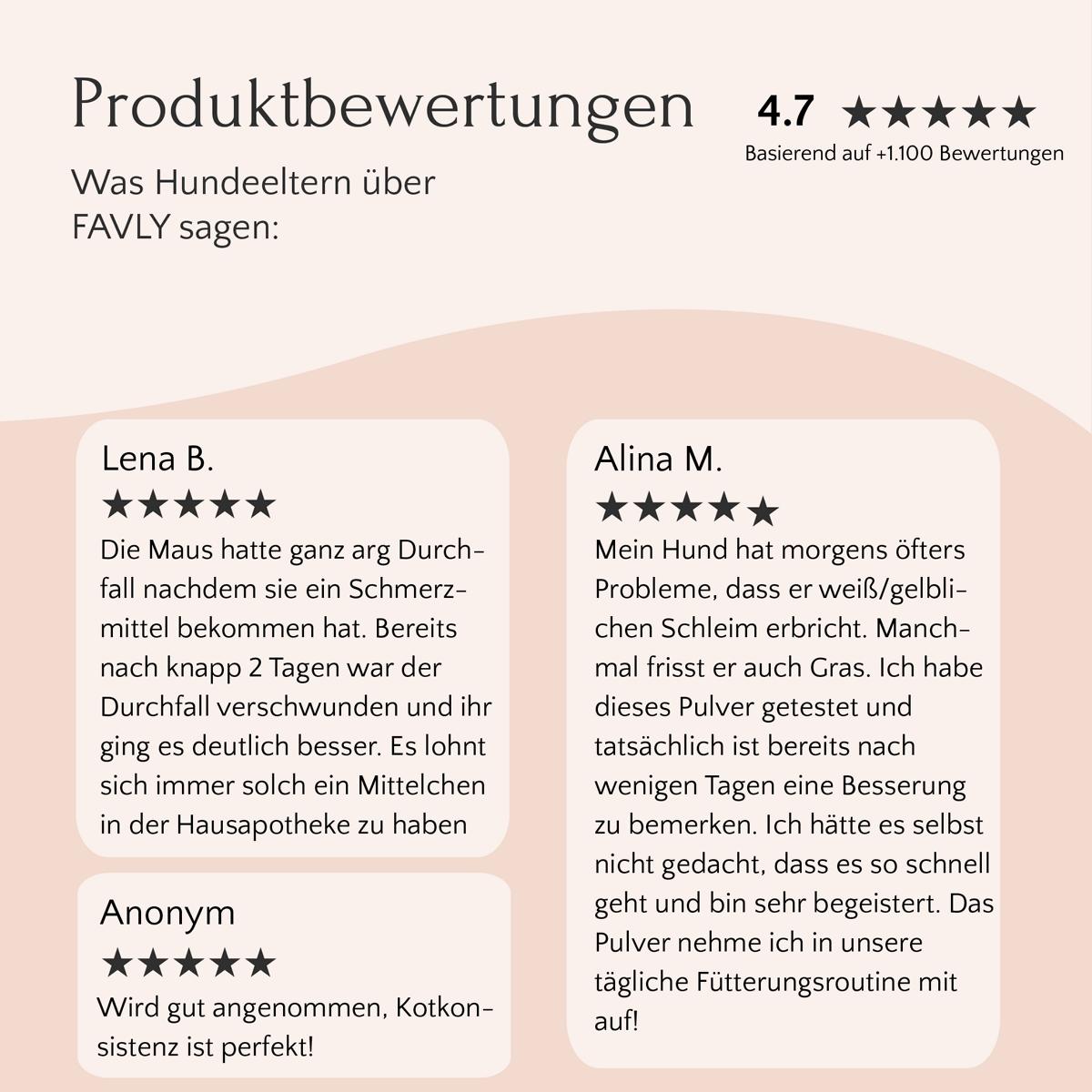 Zwei Kundenrezensionen und eine Sternbewertung zu FloraVITAL Pulver von FAVLY Petfood auf Deutsch.