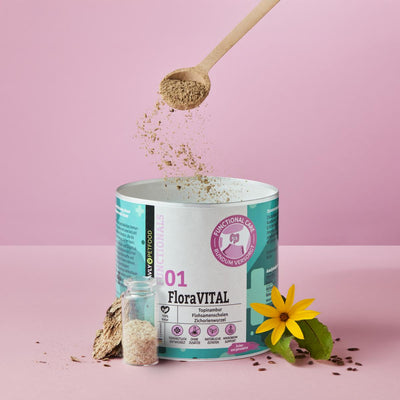 Mit einem Holzlöffel wird FAVLY Petfood FloraVITAL Pulver - Verdauung & Darmflora in einen Behälter gestreut.