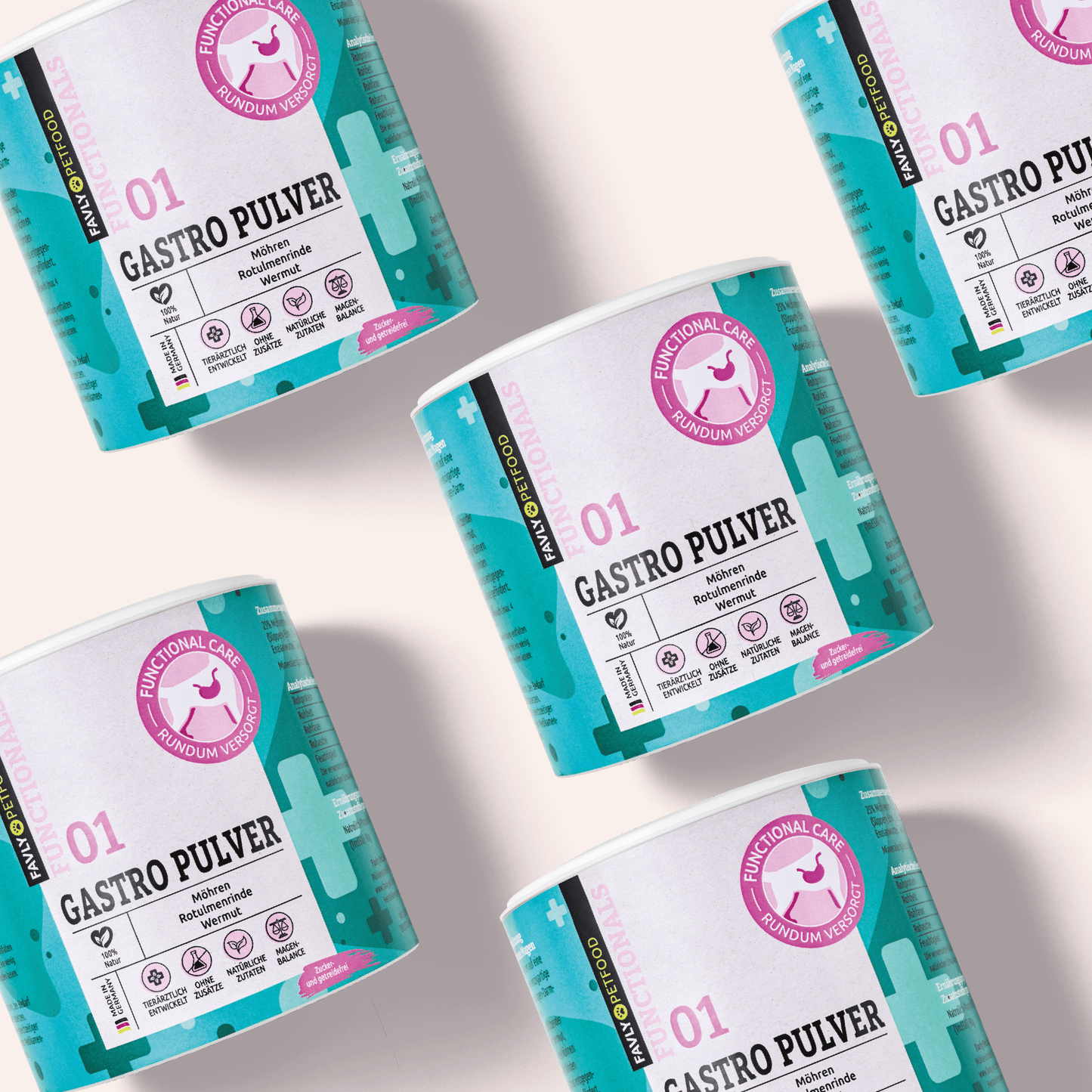 Fünf Dosen GASTRO Pulver - Sonderangebot von FAVLY Petfood, diagonal auf einem hellen Hintergrund dargestellt.