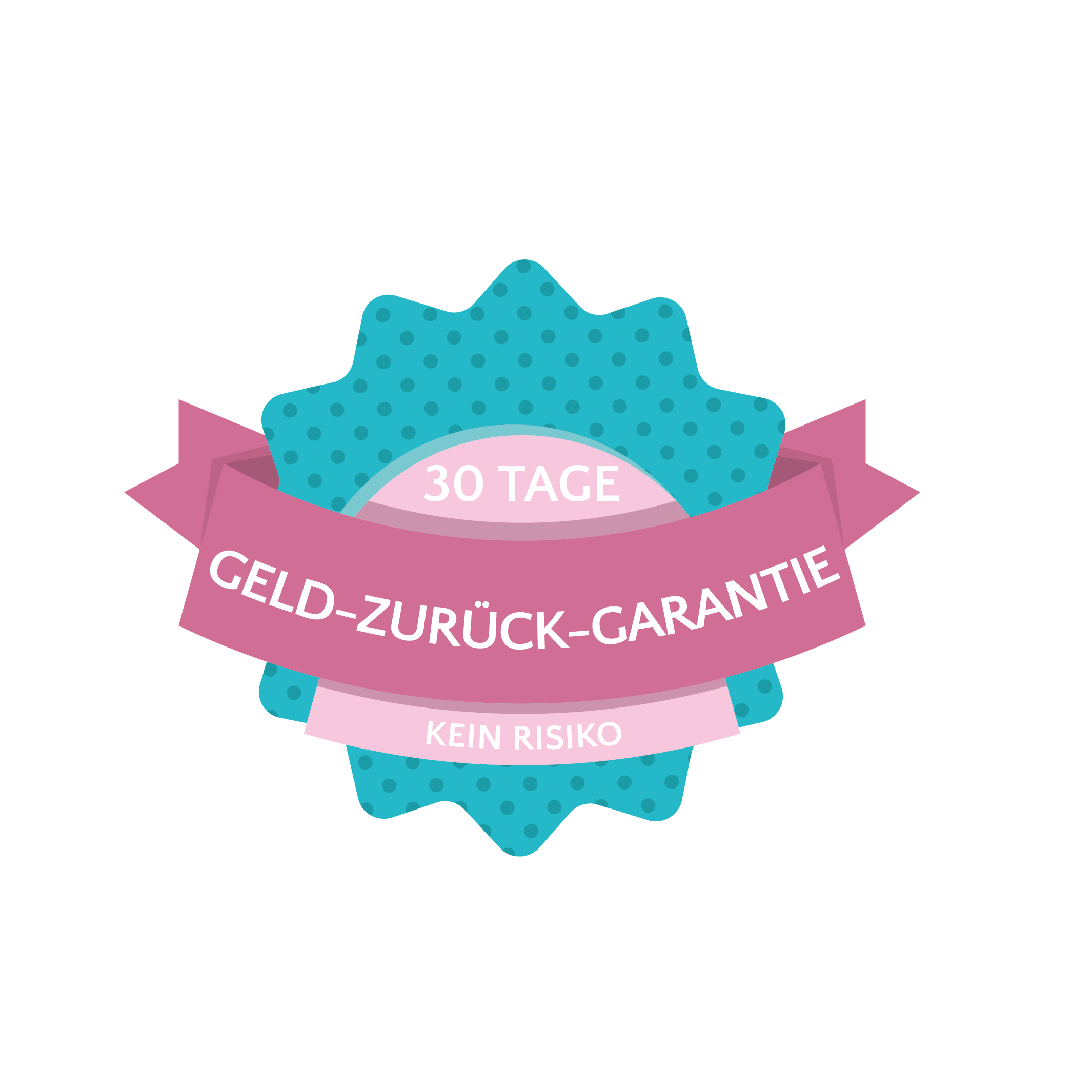 Blaue Plakette mit rosa Schleife mit der Aufschrift „30 Tage Geld-zurück-Garantie Kein Risiko“.