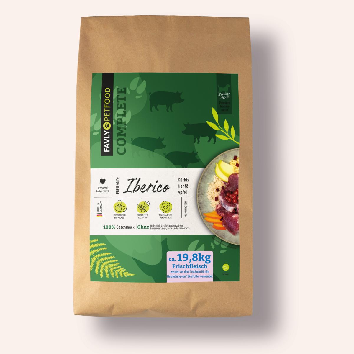 Eine braune Papiertüte von FAVLY Petfood Freiland-Iberico mit Kürbis, Hanföl & Apfel (kaltgepresst), glutenfrei.