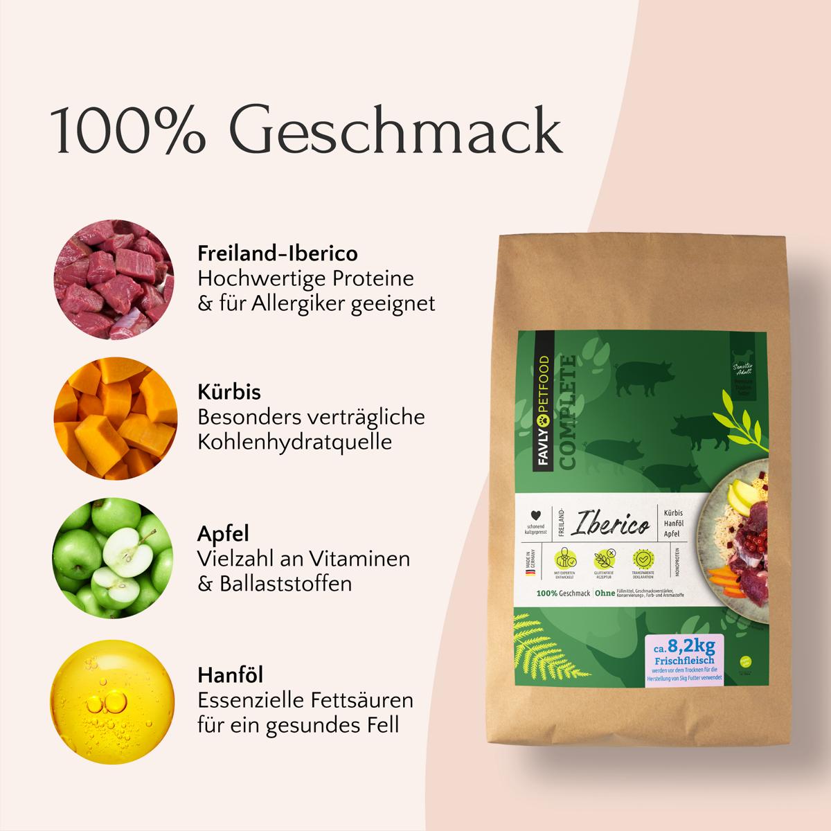 Ein Beutel FAVLY Petfood Freiland-Iberico mit Kürbis, Hanföl & Apfel (kaltgepresst) Hundefutter.
