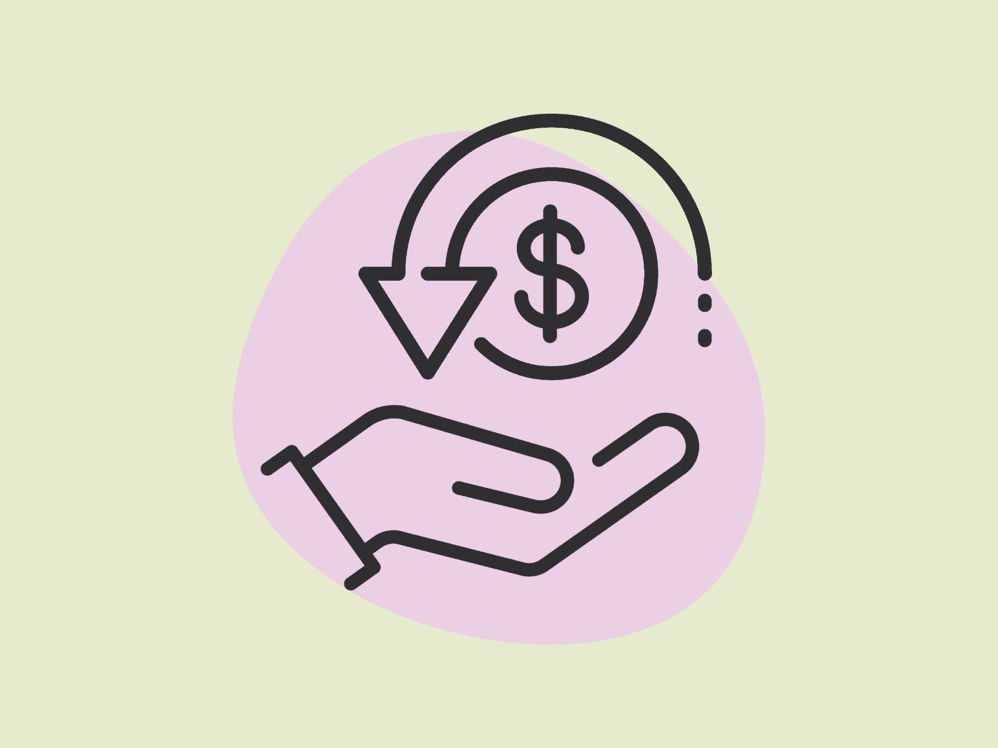 Das Symbol einer Hand unter einem Dollarzeichen, umkreist von einem nach unten gerichteten Pfeil, symbolisiert eine finanzielle Rückzahlung oder Rückerstattung.