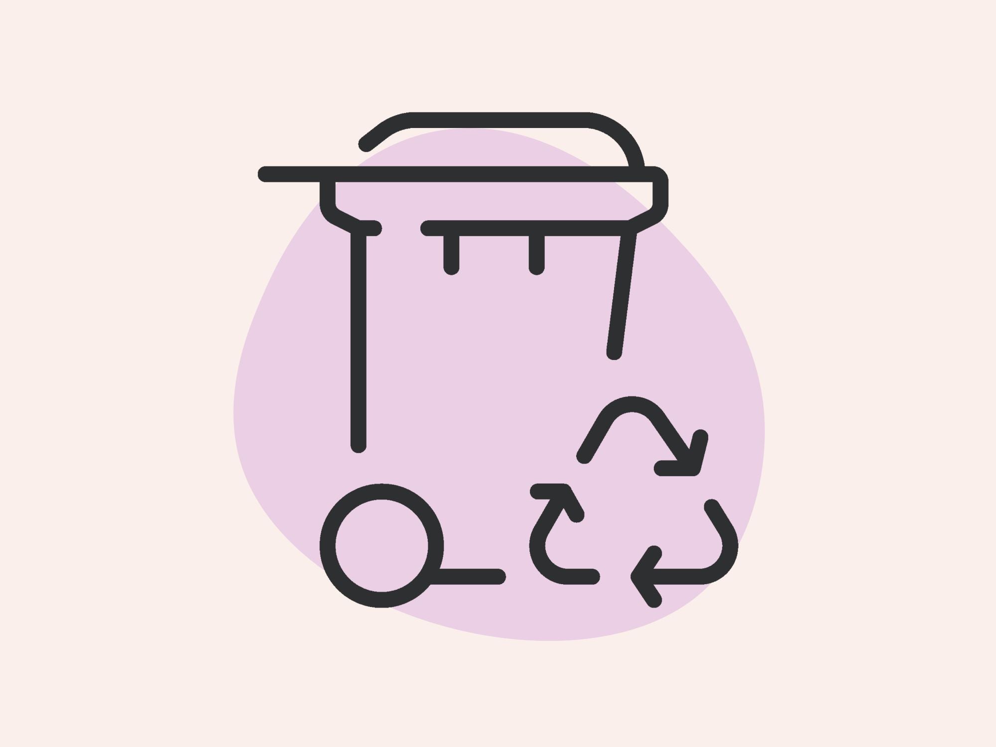 Illustration eines Mülleimers mit Recyclingsymbol und Lupe auf rosa abstraktem Hintergrund.