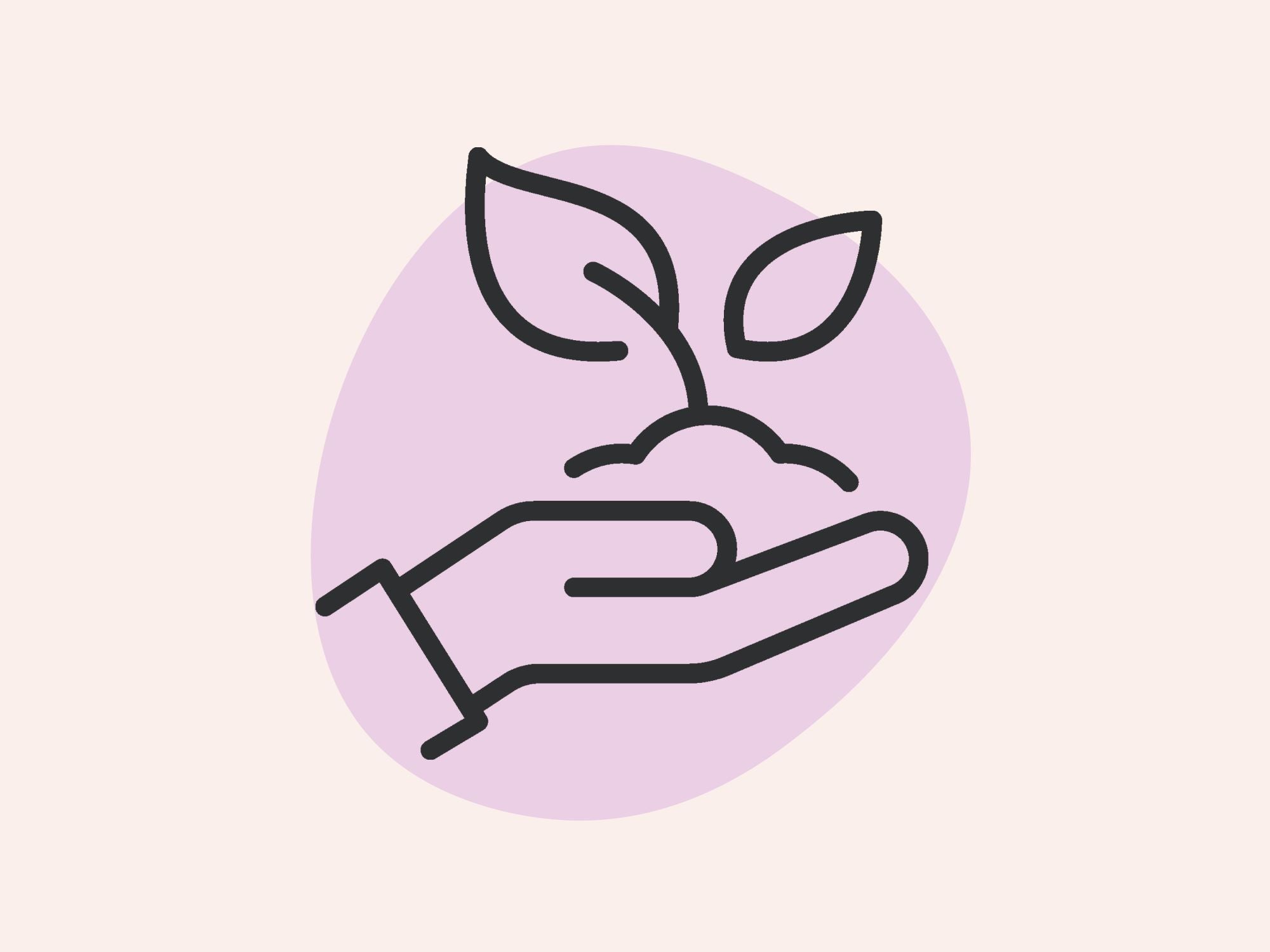 Eine minimalistische Strichzeichnung einer Hand, die eine kleine Pflanze mit zwei Blättern vor einem hellvioletten ovalen Hintergrund hält.