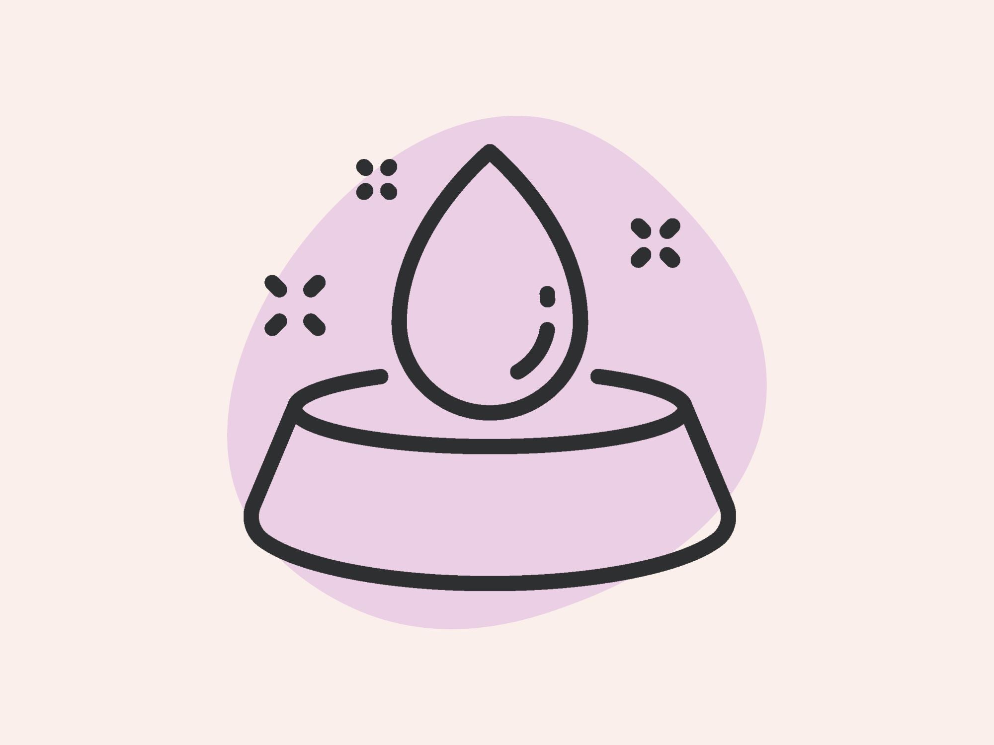 Eine minimalistische Illustration eines Wassertropfens über einer schüsselartigen Basis auf einem violetten abstrakten Hintergrund mit kleinen Funken.