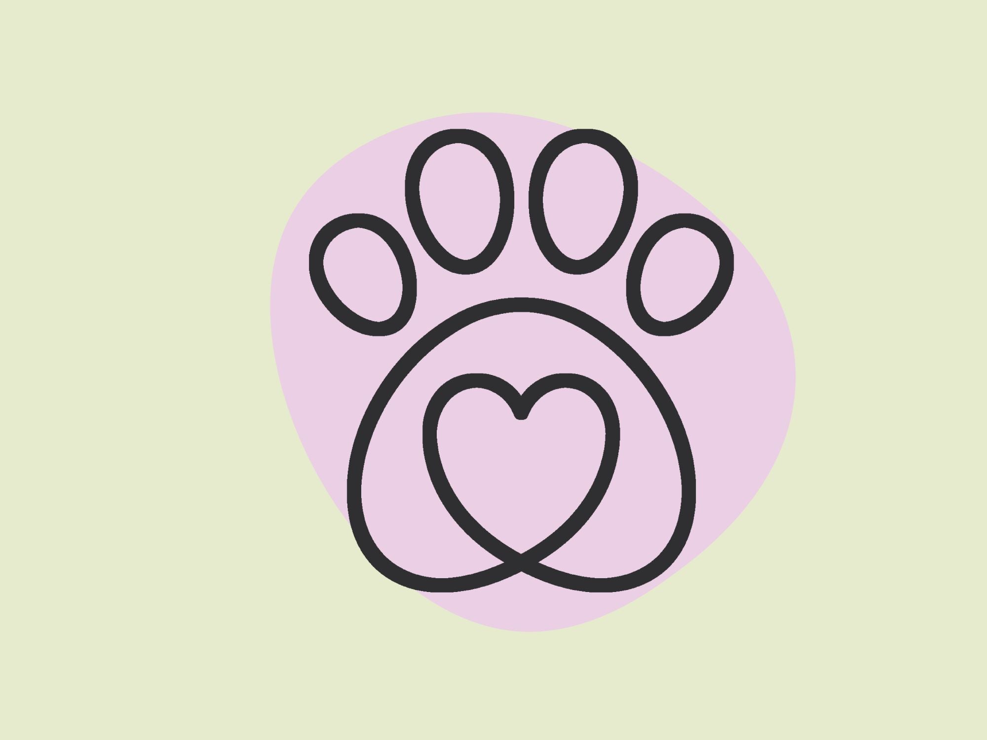 Umriss eines Pfotenabdrucks mit einer Herzform an der Basis, auf einem hellgrünen Hintergrund mit einem rosa Oval hinter dem Design.