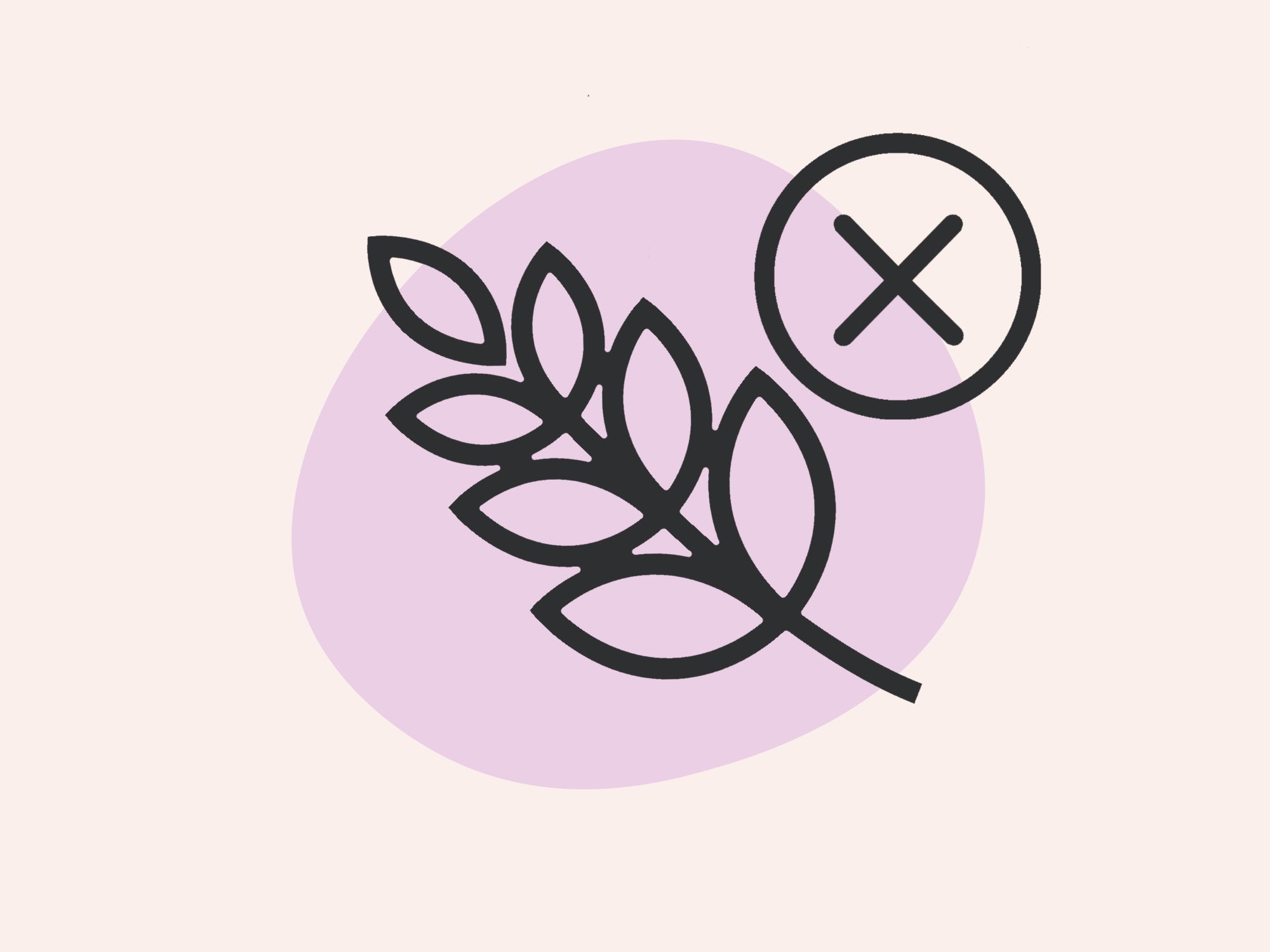 Abbildung eines durchgestrichenen Getreidesymbols, das glutenfrei darstellt, auf hellviolettem und beigem Hintergrund.