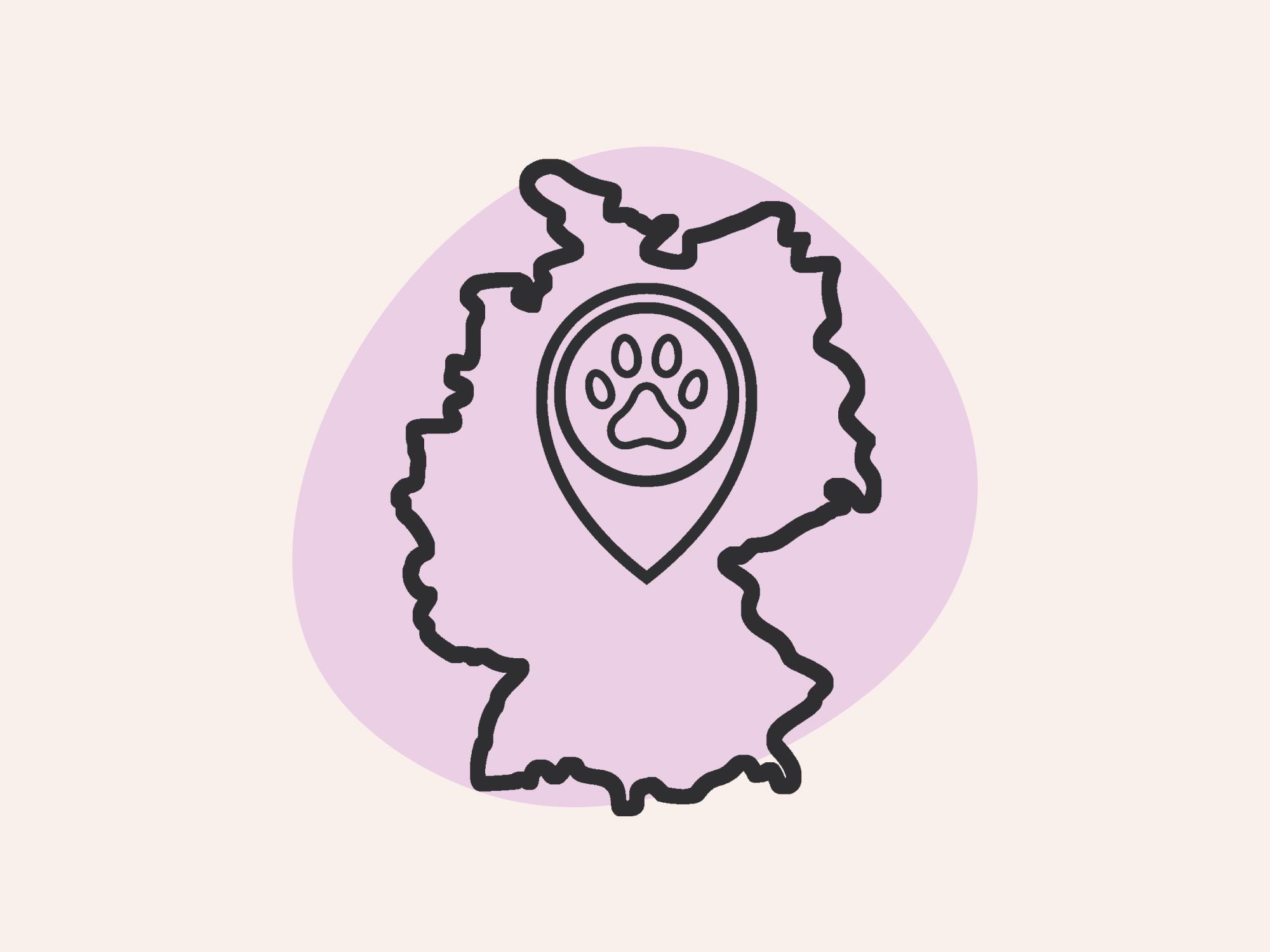 Umriss von Deutschland mit einem Stecknadelsymbol mit einem Pfotenabdruck in der Mitte. Hellviolette Hintergrundform.