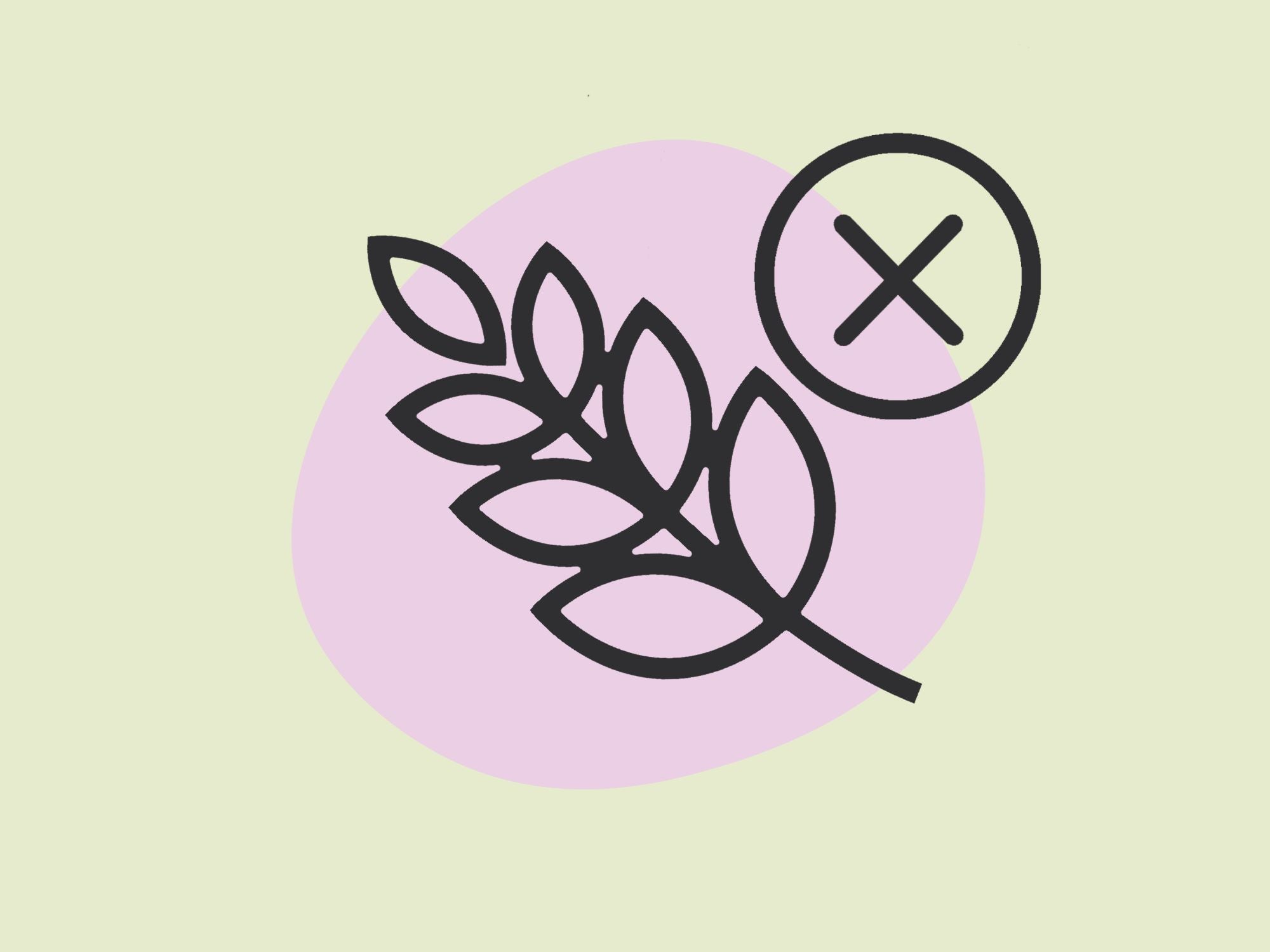 Abbildung eines durchgestrichenen Weizensymbols auf einem rosa Kreishintergrund und hellgelbem Untergrund, das glutenfrei anzeigt.