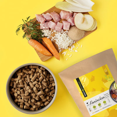 Eine Schale mit FAVLY Petfood Kaninchen mit Amaranth, Leinsamen & Chicorée auf gelbem Hintergrund.