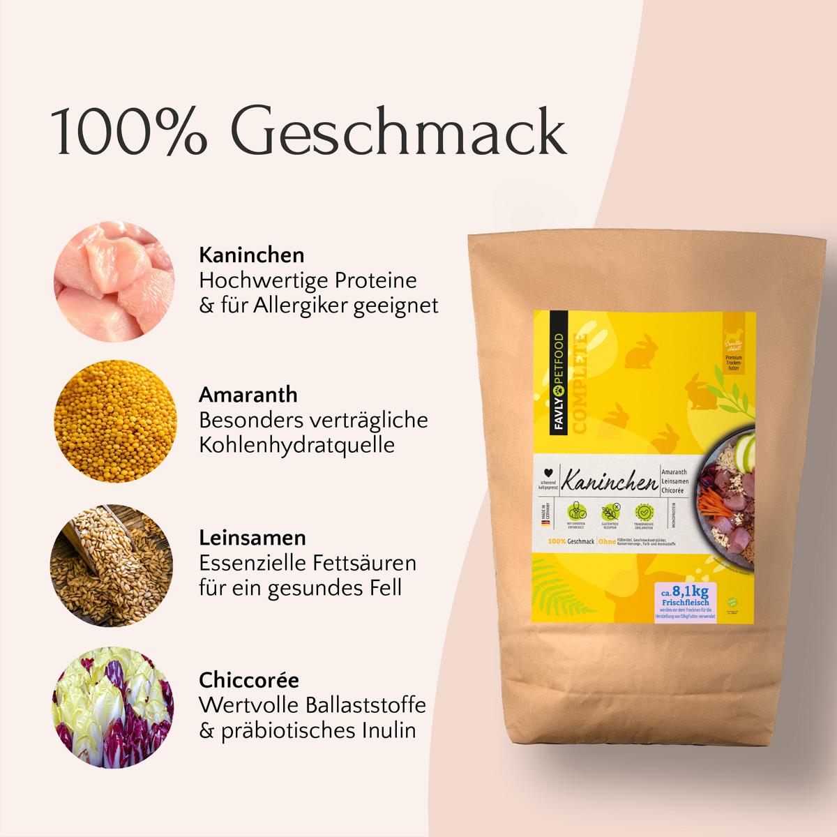 FAVLY Petfood Kaninchen mit Amaranth, Leinsamen & Chicorée: kaltgepresstes Trockenfutter mit Top-Zutaten.