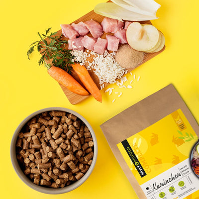 Eine Schale FAVLY Petfood Kaninchen mit Amaranth, Leinsamen & Chicorée auf leuchtend gelbem Hintergrund.