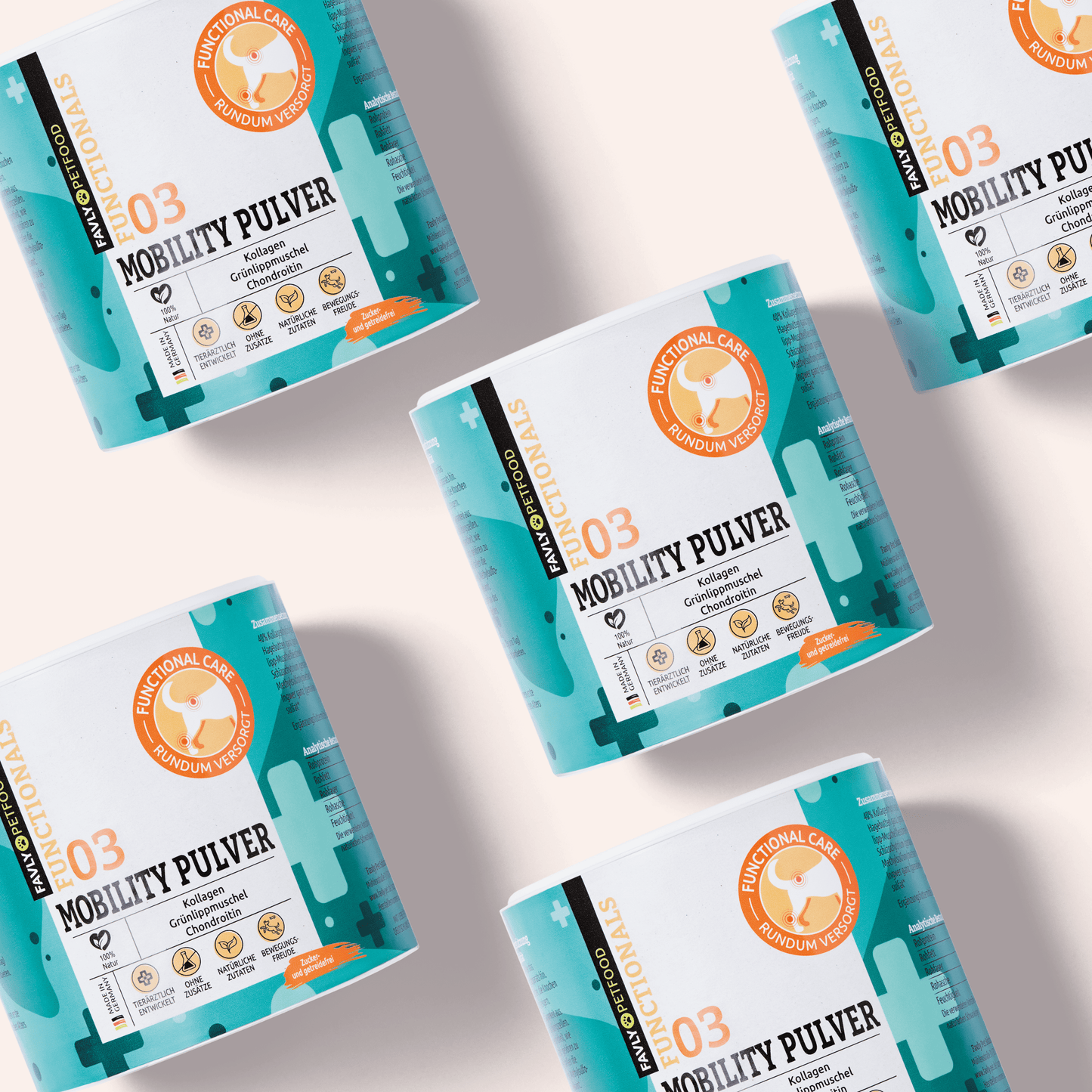 Dosen FAVLY Petfood MOBILITY Pulver - Gelenke & Mobilität in teal und weiß wiederholen sich diagonal auf einem hellen Hintergrund.