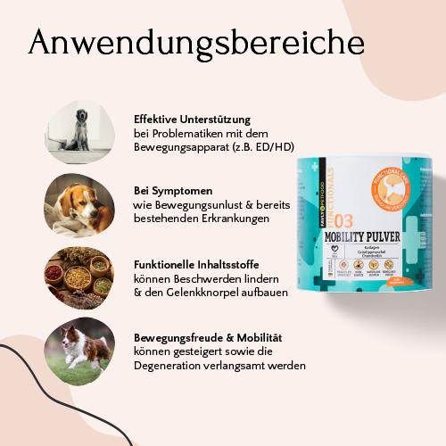 Entdecken Sie die Vorteile von FAVLY Petfoods MOBILITY Pulver - Gelenke & Mobilität für Ihren Hund, komplett mit Produktbild und Fotos von fröhlichen Welpen. Dieser deutsche Text betont, wie diese einzigartige Mischung mit Kollagenhydrolysat die Gelenkfunktionalität steigert, damit Ihr pelziger Begleiter aktiv und gesund bleibt.