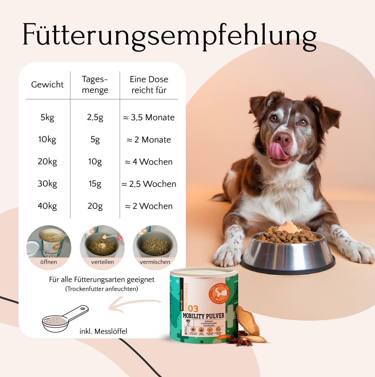 Hund mit Futternapf, Gewichtstabelle und FAVLY Petfood MOBILITY Pulver mit Kollagenhydrolysat für die Gelenke.