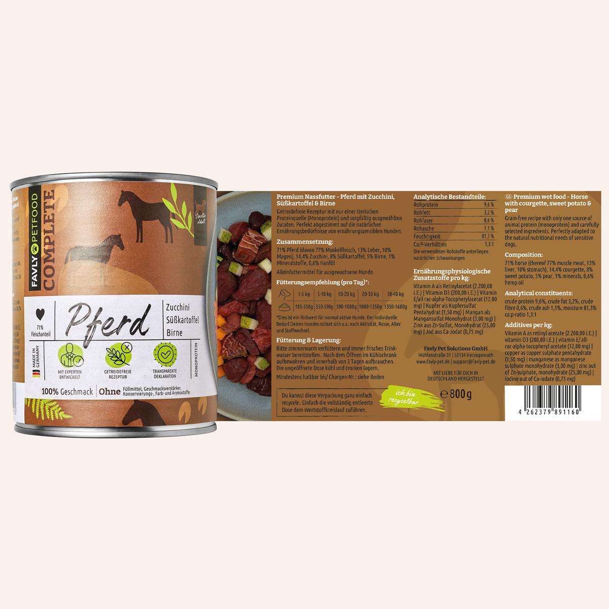 Braune FAVLY Petfood-Dose mit Pferd mit Zucchini, Süßkartoffel & Birne, mit getreidefreien Zutaten und Nährwertangaben.