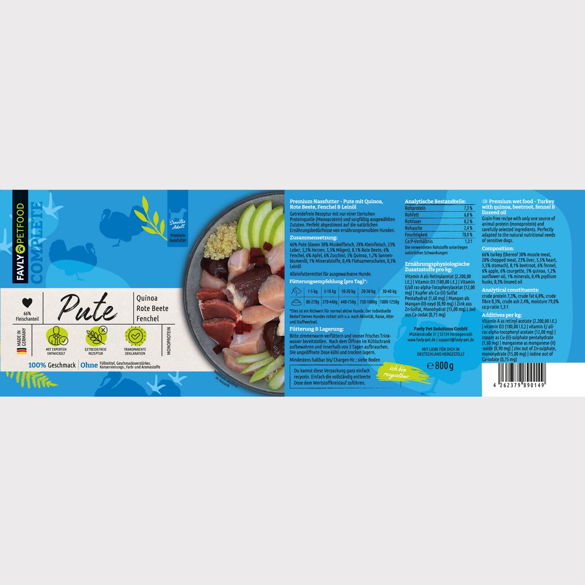 Das FAVLY Probierpaket „Nassfutter“ von FAVLY Petfood ist eine Verpackung für rohes Hundefutter mit Truthahn, Quinoa, Rote Bete und Fenchel. Es ist mit blauem Hintergrund und klaren Produktinformationen gestaltet und eignet sich aufgrund seiner Monoproteinformulierung ideal für Allergiker.