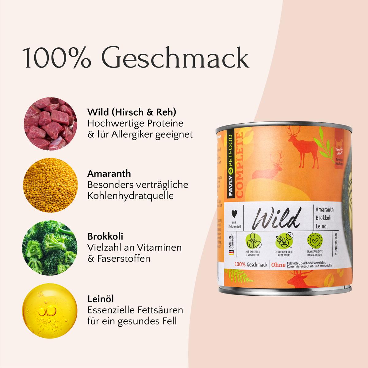 Bild einer Tierfutterdose mit Zutaten: Wild (Hirsch & Reh), Amaranth, Brokkoli und Leinöl. Text: „100% Geschmack“. Perfektes Nassfutter für allergische Haustiere mit Monoproteinquelle. Produktname: FAVLY Probierpaket „Nassfutter“ von FAVLY Petfood.