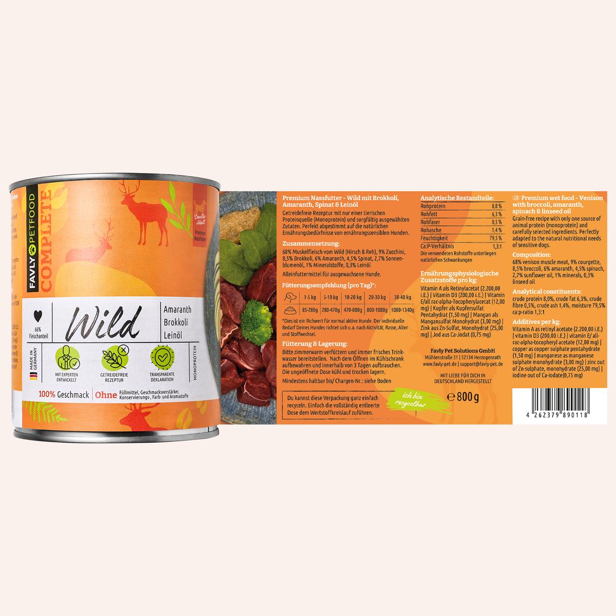 Dose FAVLY Petfood Wild mit Amaranth, Brokkoli & Leinöl Hundefutter, mit sichtbaren Nährwertangaben und Abbildungen.