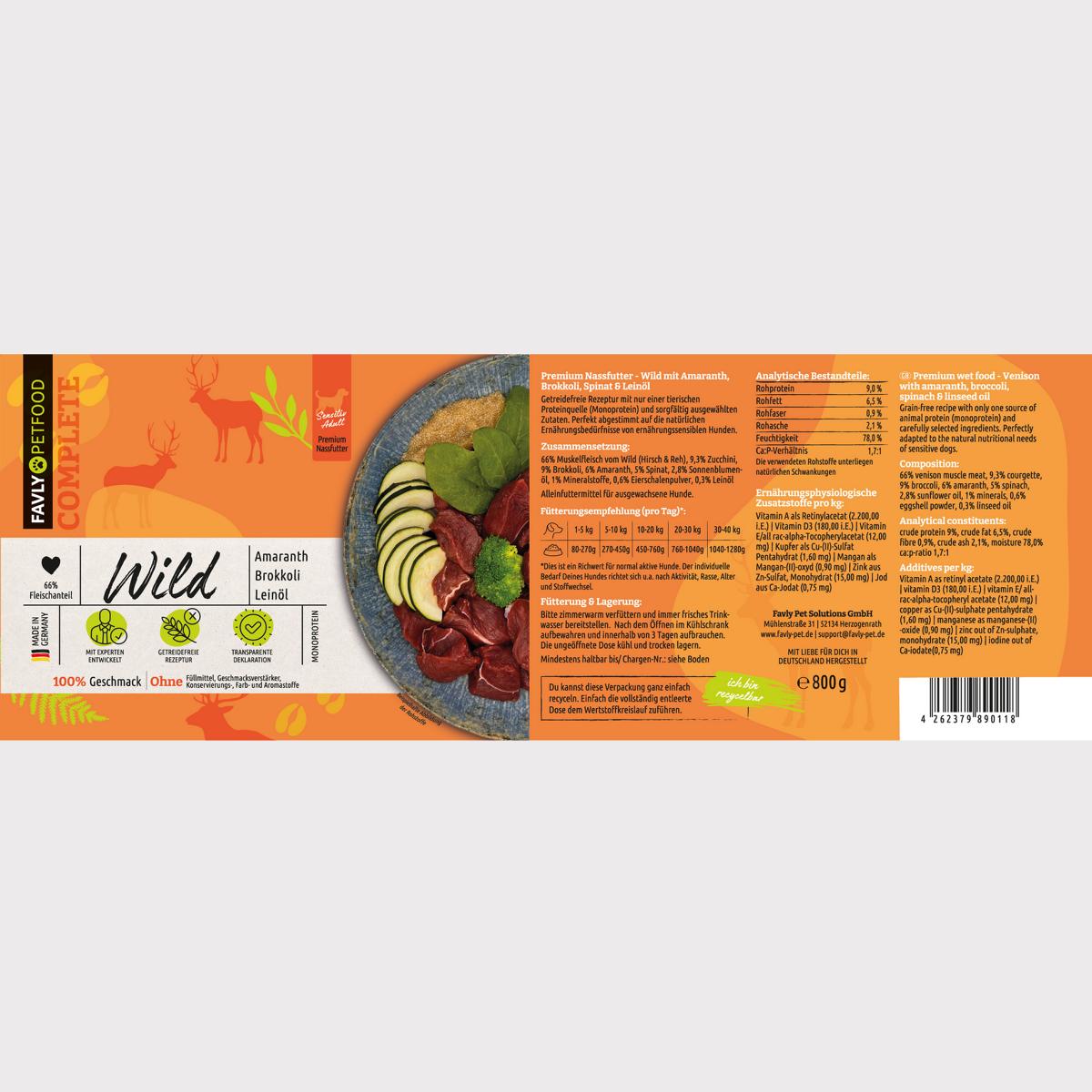 Etikett eines Rohtierfutterprodukts, „FAVLY Probierpaket 'Nassfutter'“, von FAVLY Petfood, mit Amaranth und Brokkoli, mit Hirschgrafik und Nährwertangaben. Ideal für Allergiker aufgrund seiner Monoproteinformel.