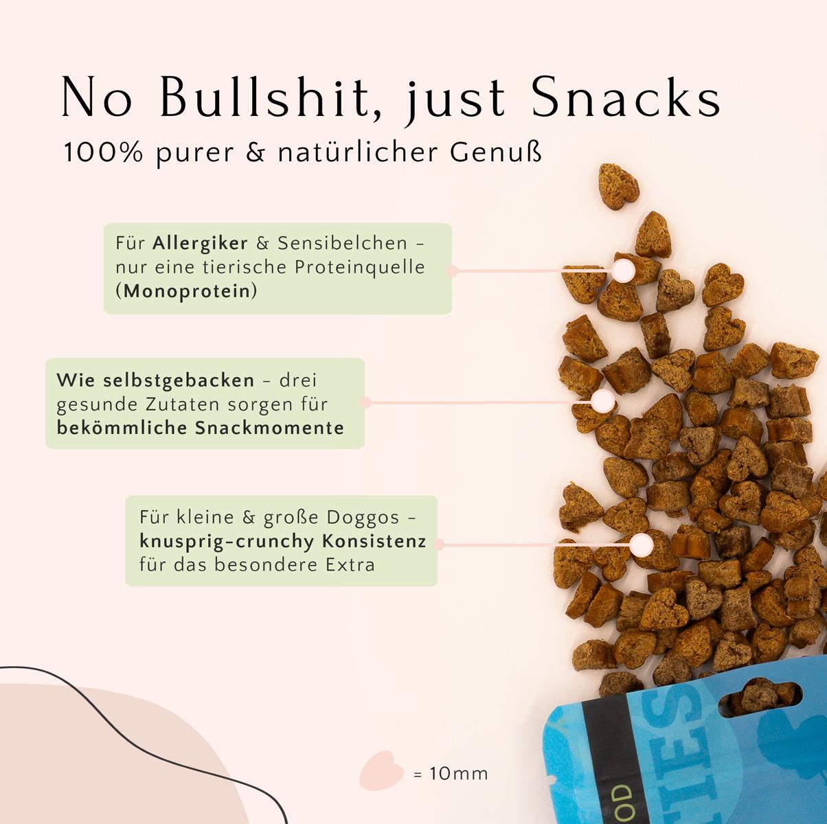Leckerlibeutel für Hunde mit verstreuten Leckerlis. Deutscher Text hebt Eigenschaften hervor: hypoallergen, hausgemachte Zutaten, knusprige Textur. Diese Nature Cookies Pute von FAVLY Petfood werden aus getreidefreien und natürlichen Zutaten hergestellt.