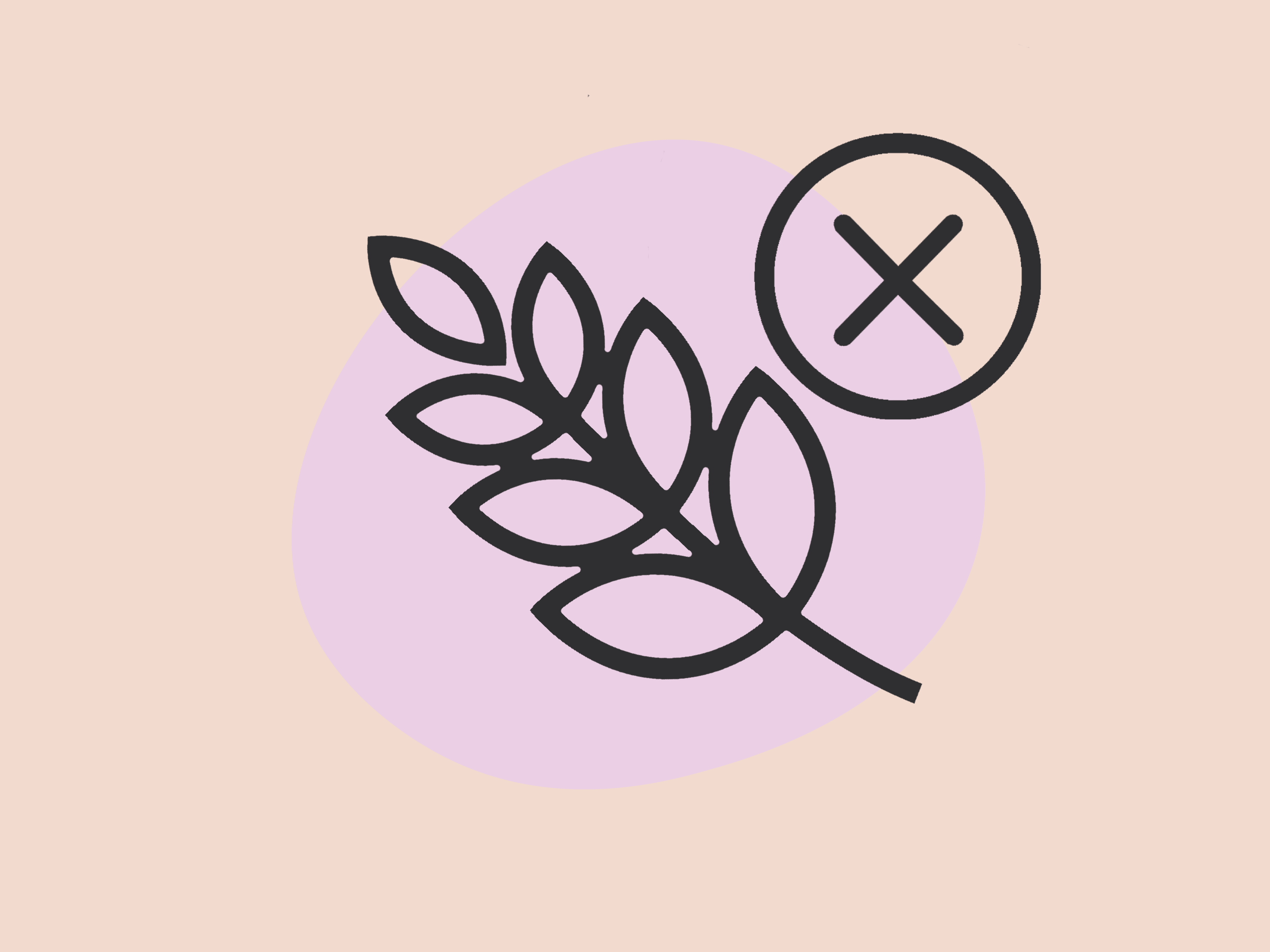 Eine schwarze Weizenillustration mit einem durchgestrichenen Kreissymbol auf einem rosa und violetten Hintergrund.