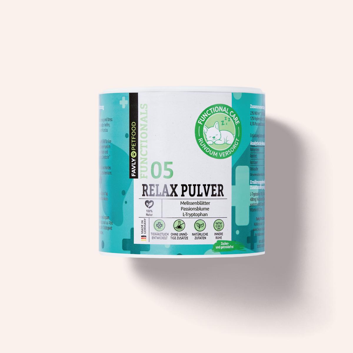 Eine Dose FAVLY Petfood Relax Pulver - Sonderangebot mit tealem und weißem Etikett zur sanften Beruhigung des Hundes.