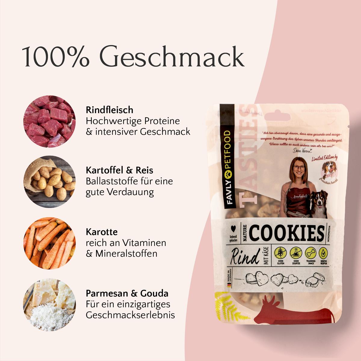 Deutschsprachige Tierfutterverpackung für Hundesnacks, hergestellt aus natürlichen Zutaten und mit dem Schwerpunkt „Verenas Rezept“, Zutaten umfassen Rindfleisch, Kartoffeln und Reis, Karotten, Parmesan und Gouda. Wir präsentieren die Limited Edition – Nature Cookies @frauchen.backt von FAVLY Petfood.