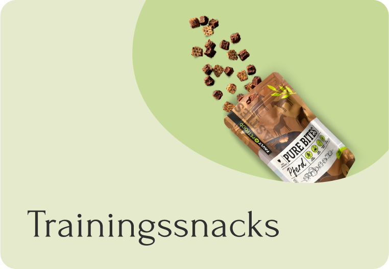 Eine Packung „Pure Bite“-Hundesnacks für das Training, aus der einige Leckerlis herausgefallen sind, auf hellgrünem Hintergrund.