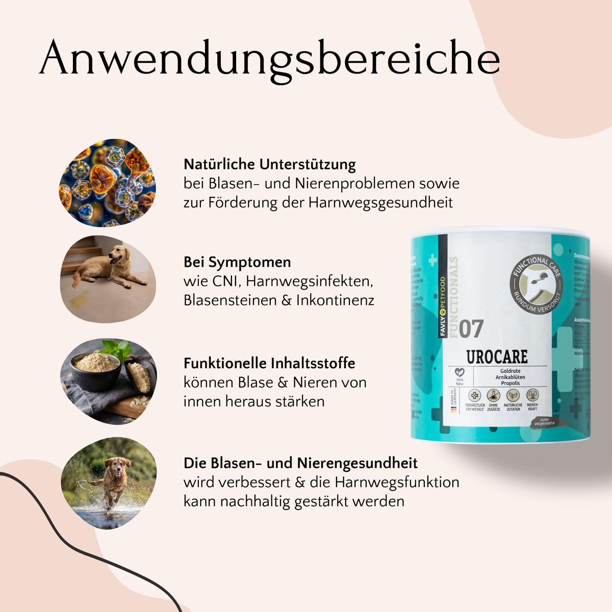 Infografik: FAVLY Petfood UROCARE Pulver - Niere & Blase, Anwendung für Hunde mit Nieren- & Blasenproblemen.