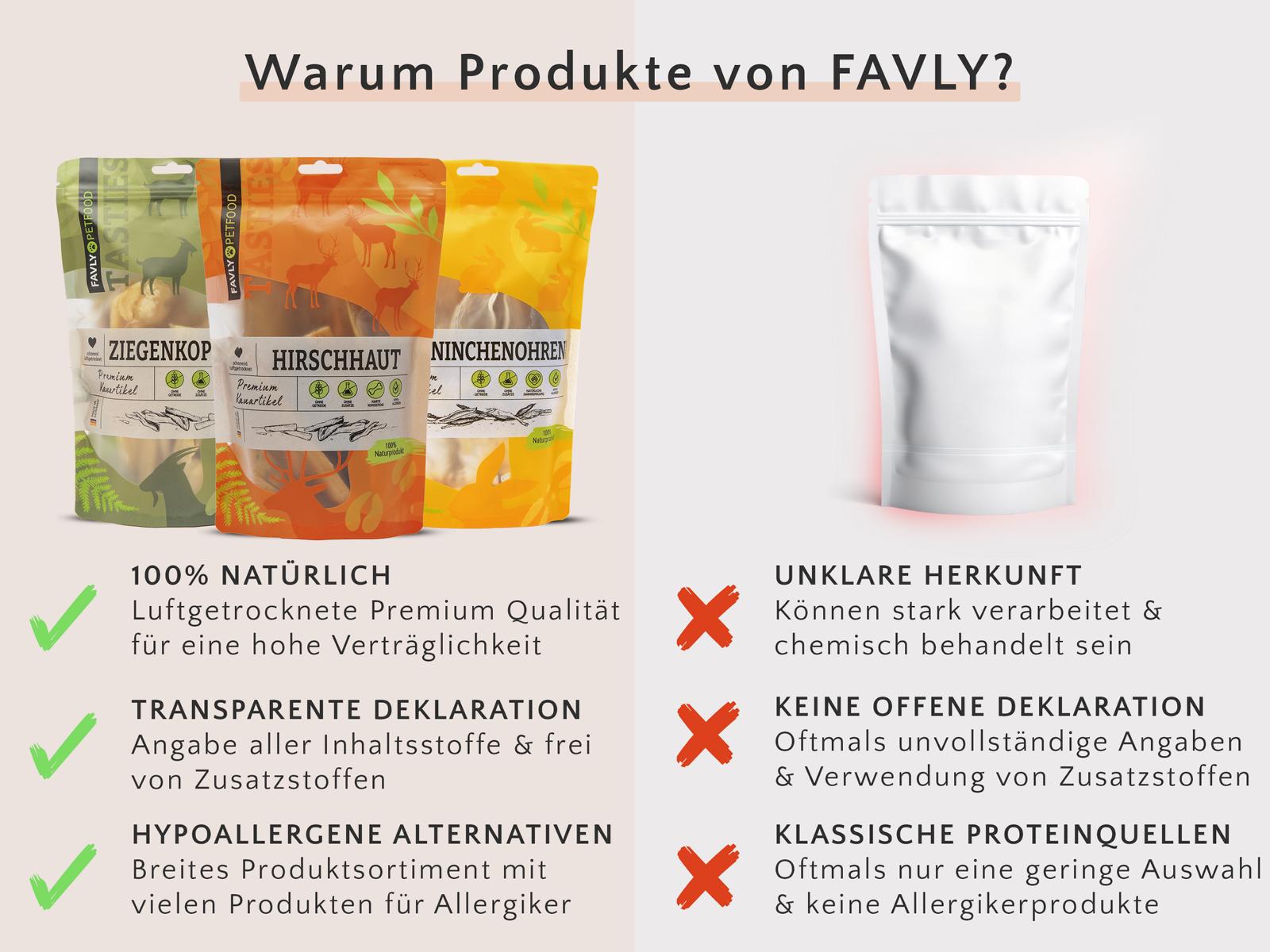 Drei bunte Snackpackungen mit deutschem Text, der die Vorteile der FAVLY-Produkte gegenüber anonymen Produkten in neutraler Verpackung beschreibt.