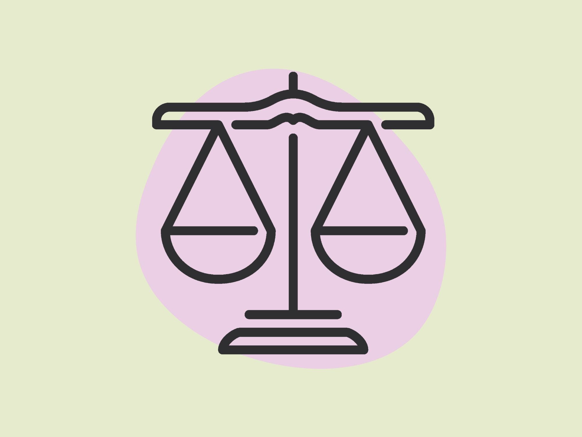 Symbol einer ausgeglichenen Waage vor einem rosa und grünen Hintergrund, das Gerechtigkeit oder Ausgewogenheit symbolisiert.