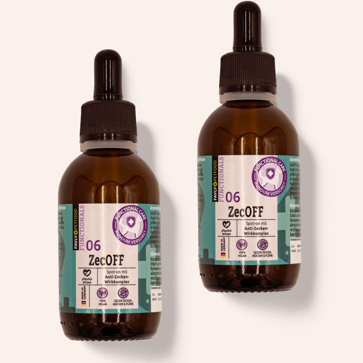 Zwei braune ZecOFF - Zecken & Lästlinge-Flaschen von FAVLY Petfood mit pflanzlichem Spot-on, weiß/violetten Etiketten.